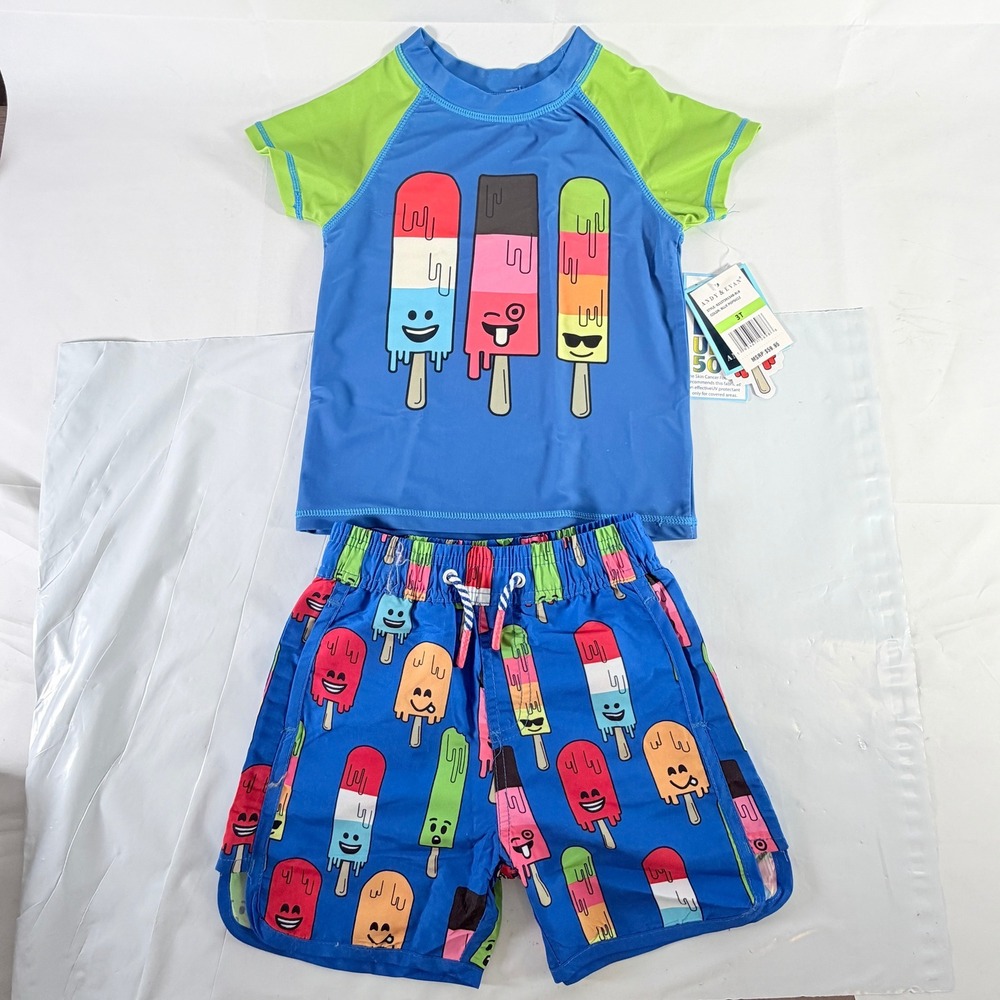 Andy &‎ Evan Boys 3T Blue Popsicle Rash Guard Swim Trunk Set UPF 50+ NWT